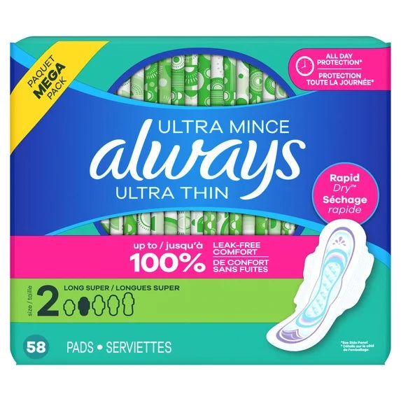 Always Ultra Thin Pads with Wings – Size 2 Long Super Absorbency (3-Pack, 58 Count Each)