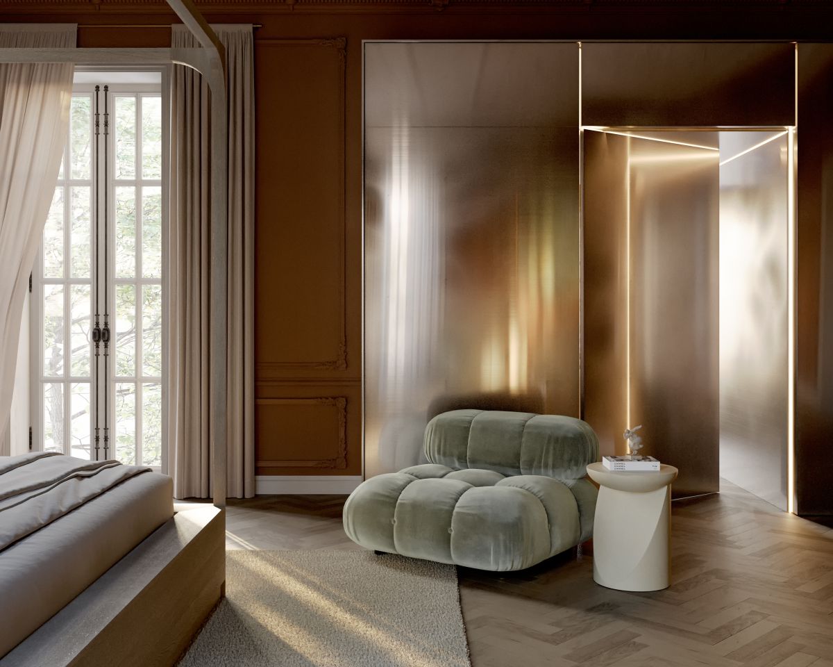 Modern bedroom with a green upholstered chair and a large mirror.