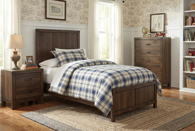 Bedroom with wooden furniture, including a bed, nightstands, and a dresser.
