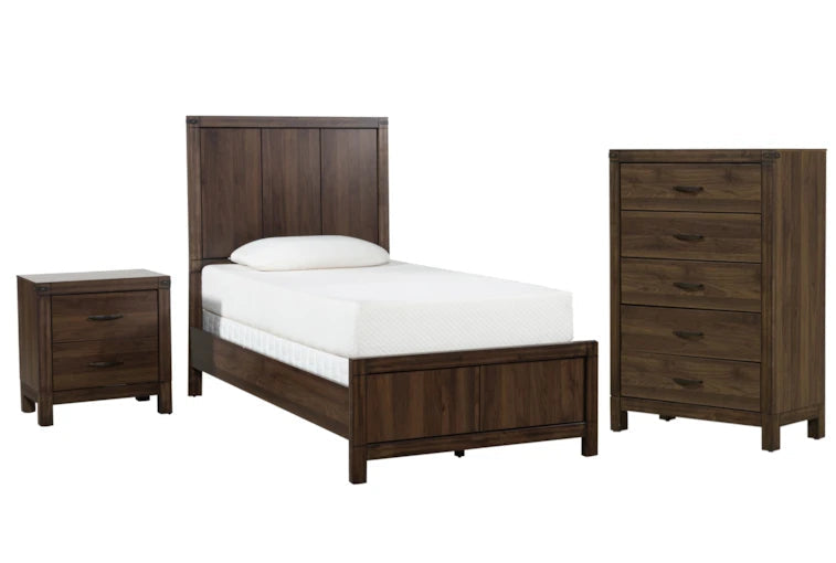 Wooden bedroom set with bed, nightstand, and dresser on a white background