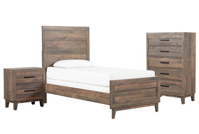 Wooden bedroom set with bed, nightstand, and dresser on a white background
