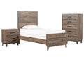 Wooden bedroom set with bed, nightstand, and dresser on a white background