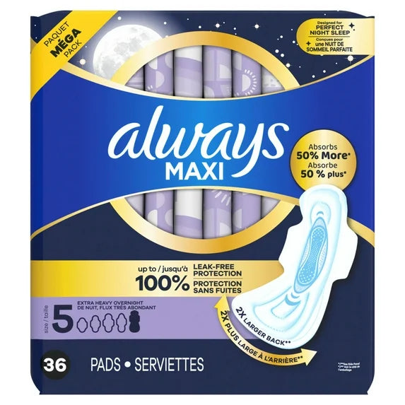 Always Maxi Pads with Wings – Size 5 Extra Heavy Overnight Protection (36 Count)