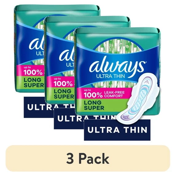 Always Ultra Thin Pads with Wings – Size 2 Long Super Absorbency (3-Pack, 58 Count Each)