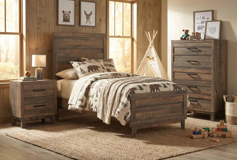 Wooden bedroom set with bed, nightstands, and dresser in a warm-toned room.