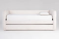 White sofa bed with a mattress on a light gray background