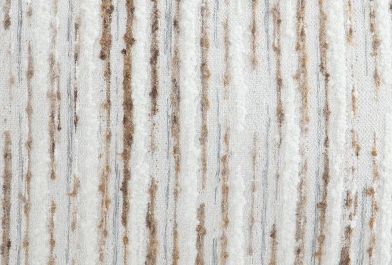 Textured fabric with vertical stripes in beige, brown, and white.