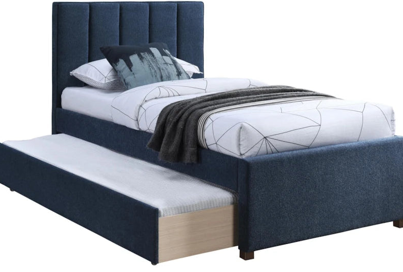 Blue upholstered bed with white bedding and a pull-out trundle on a white background