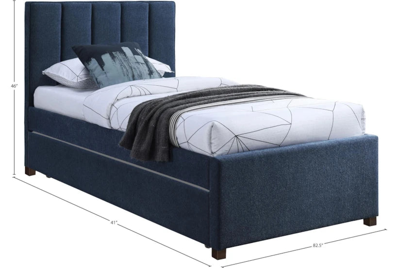 Blue upholstered bed with white bedding and black throw blanket on a white background