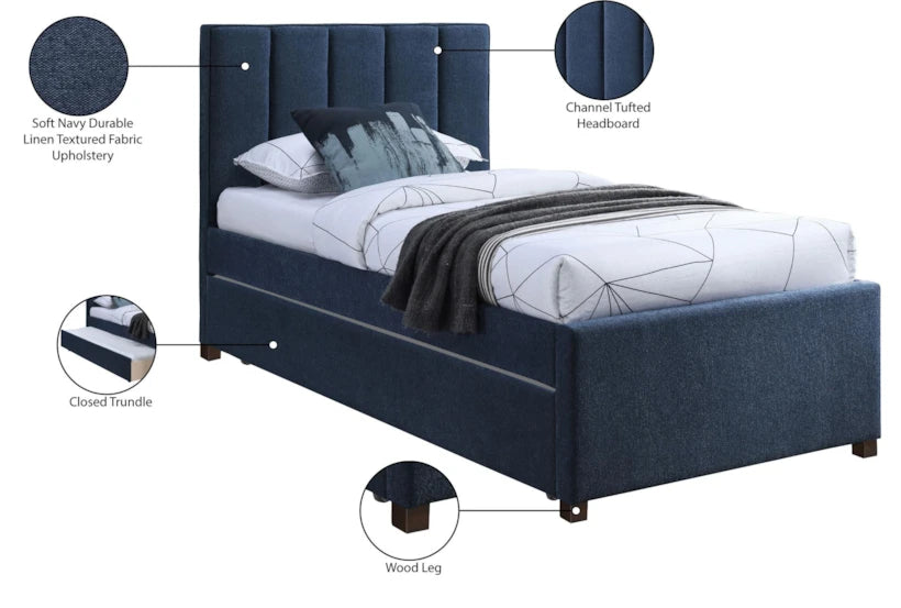 Navy upholstered bed with detailed features on a white background