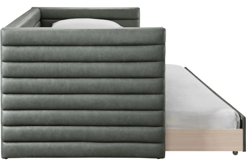 Gray upholstered bed frame with a white mattress on a white background