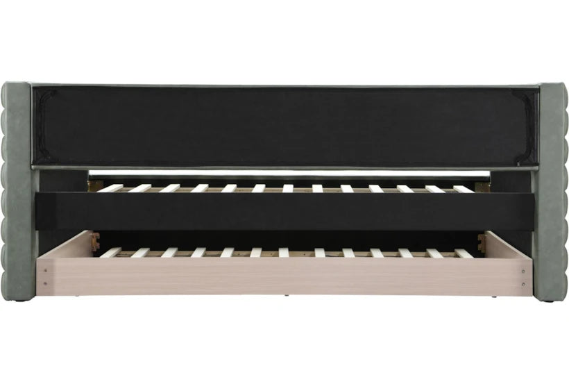 Children's bed with black top and gray sides on a white background