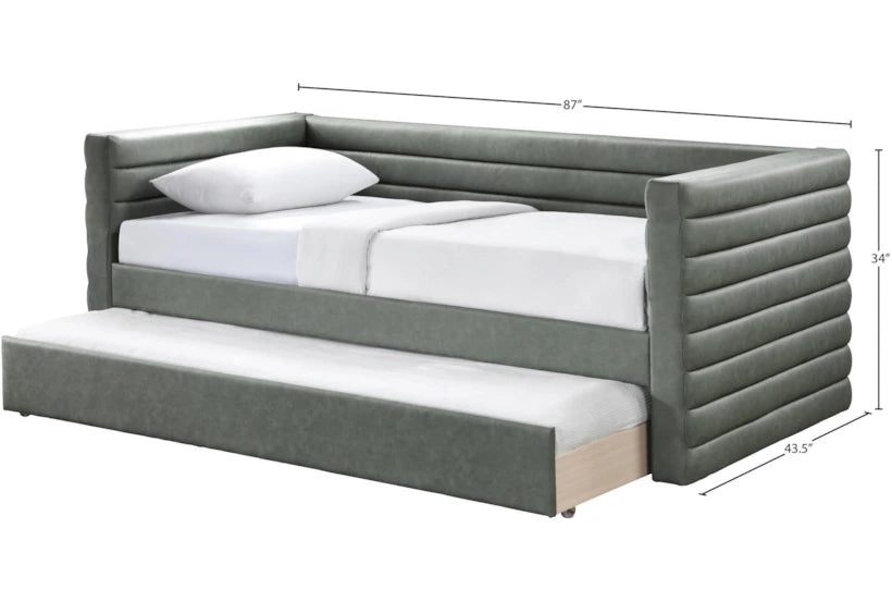 Gray upholstered bed with white mattress and dimensions displayed