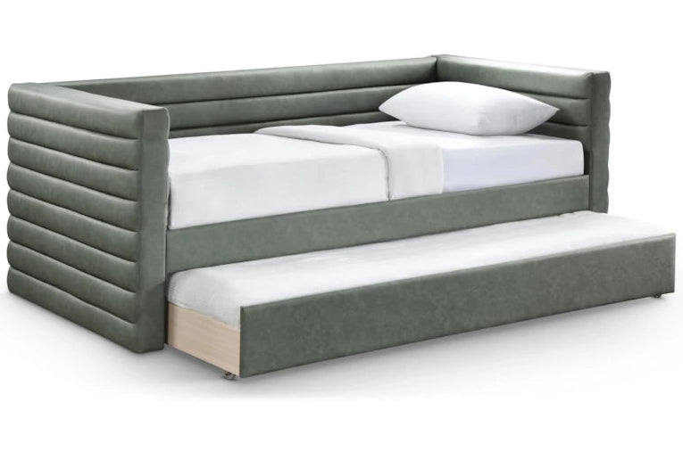 Gray upholstered bed with white mattress and pillow on a white background