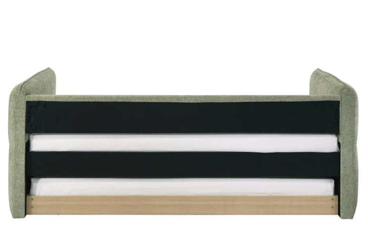 Children's bed with green headboard and footboard, black mattress, and wooden base on a white background