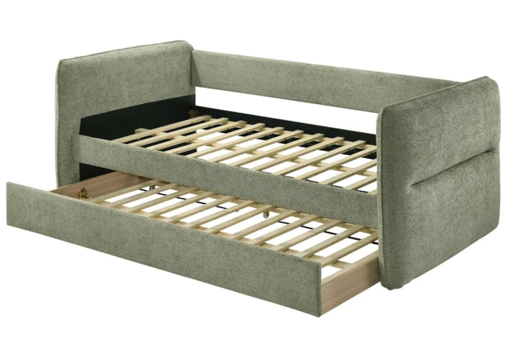 Green fabric sofa bed with wooden slats on a white background