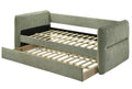 Green fabric sofa bed with wooden slats on a white background