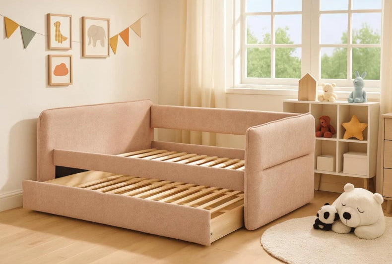 Children's room with a beige bed, toys, and a window.