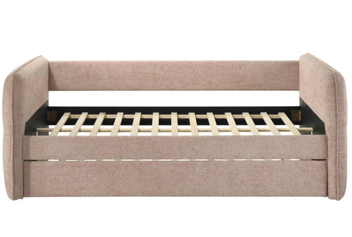 Beige sofa bed with wooden slats on a white background