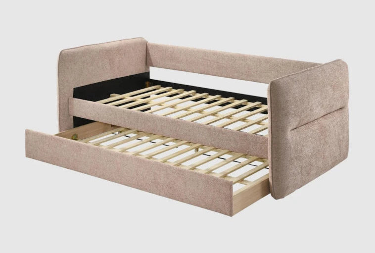 Beige fabric bed with pull-out wooden slats on a light gray background