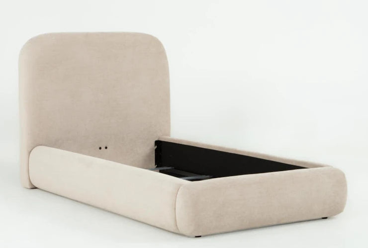Beige upholstered bed with storage compartment on a white background