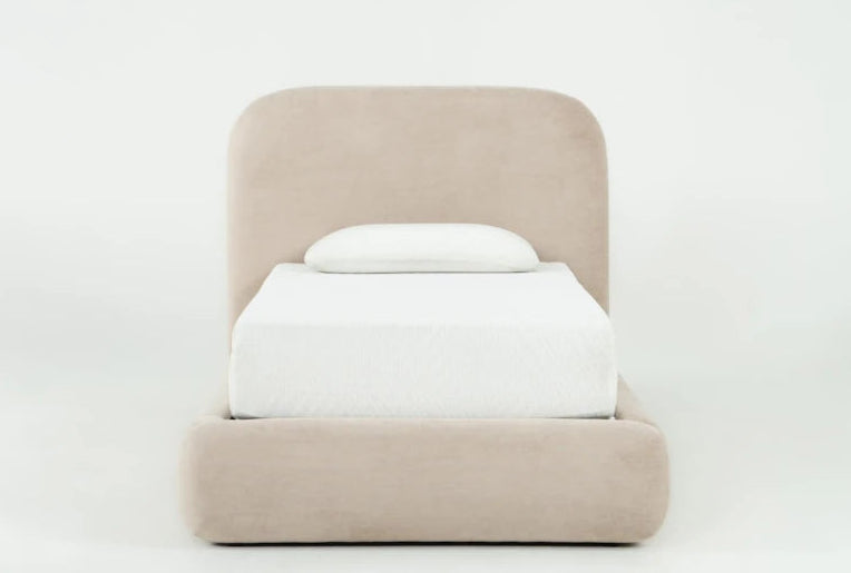 Beige bed with white bedding on a white background