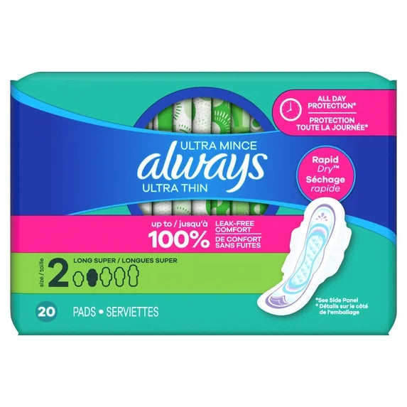 Always Ultra Thin Pads with Wings – Size 2 Long Super Protection (20 Count)