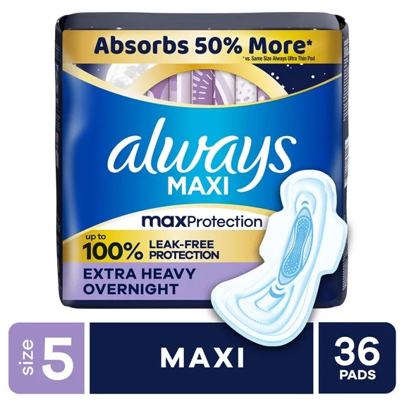 Always Maxi Pads with Wings – Size 5 Extra Heavy Overnight Protection (36 Count)