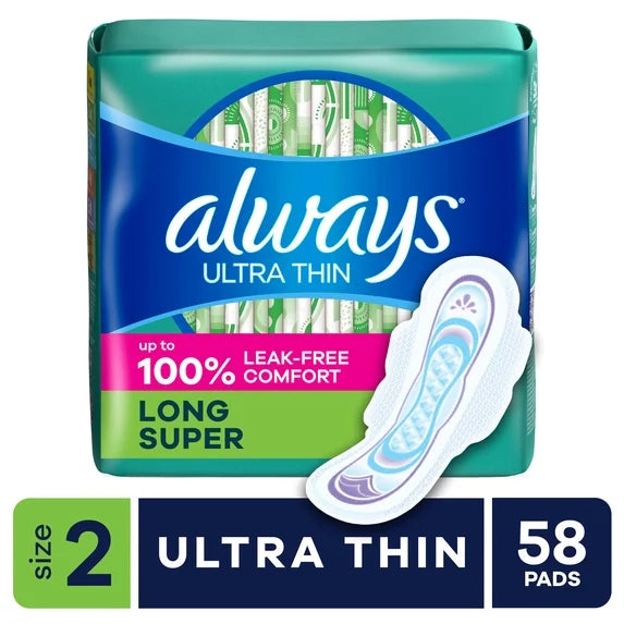 Always Ultra Thin Pads with Wings – Size 2 Long Super Absorbency (58 Count)