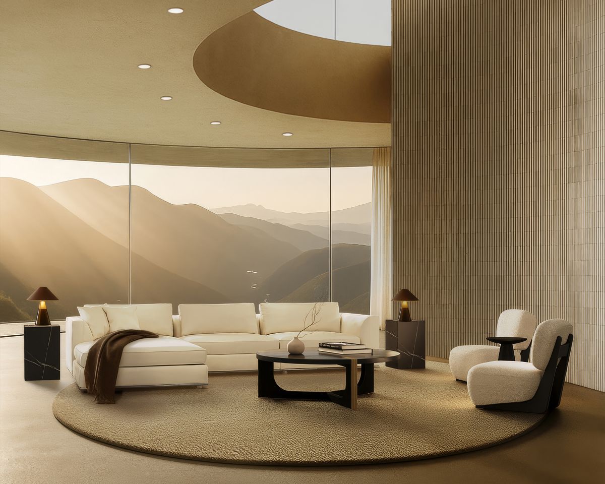 Modern living room with a view of mountains