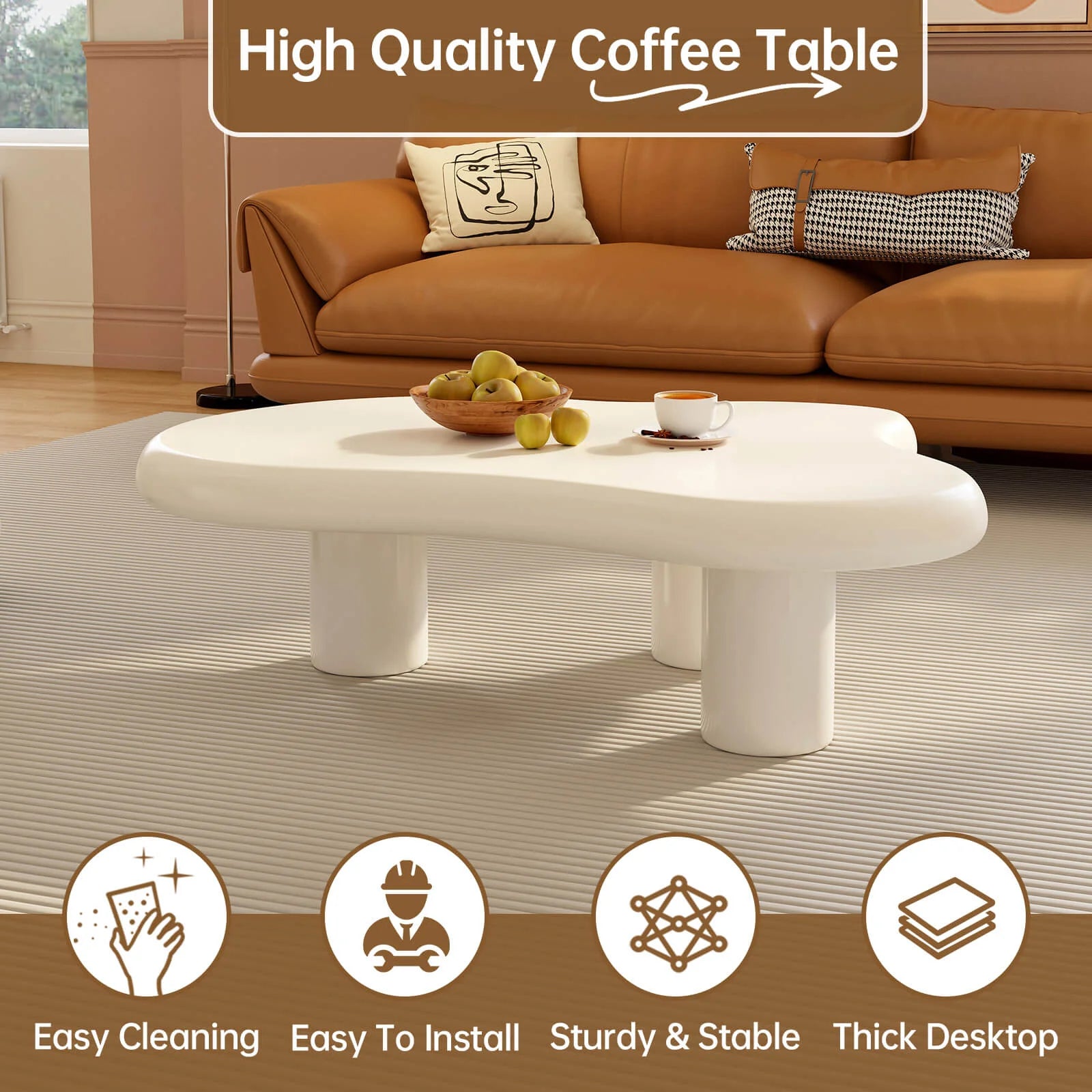 xBeStill Cloud Coffee Table – 46" Modern White Sculptural Center Table with 3-Leg Design