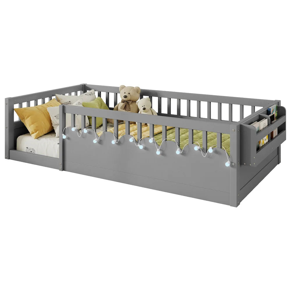 xBeStill Little Beginnings™ Ellington Twin Montessori Floor Bed with LED Light & Storage Shelf