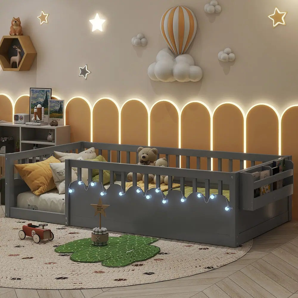 xBeStill Little Beginnings™ Ellington Twin Montessori Floor Bed with LED Light & Storage Shelf