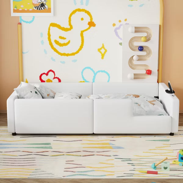 Little Blessings™ Chloe Montessori Twin Floor Bed – Upholstered Kids Bed Frame with Safety Rails & Charging Station White