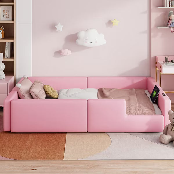 Little Blessings™ Chloe Montessori Twin Floor Bed – Upholstered Kids Bed Frame with Safety Rails & Charging Station Pink