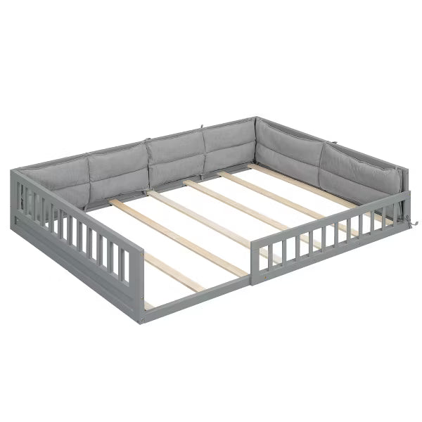 Little Blessings™ Full Size Upholstered Toddler Bed Frame – Cozy Kids Platform Bed with Guardrails &amp; Pillow Gray