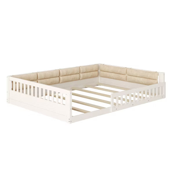Little Blessings™ Full Size Upholstered Toddler Bed Frame – Cozy Kids Platform Bed with Guardrails &amp; Pillow Beige