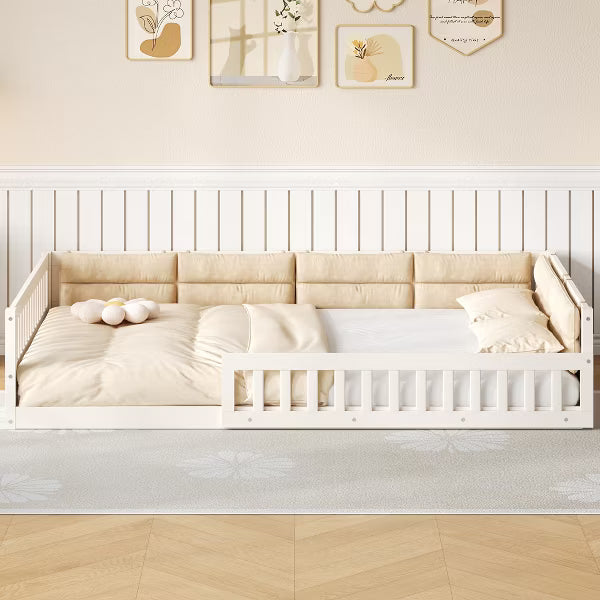 Little Blessings™ Full Size Upholstered Toddler Bed Frame – Cozy Kids Platform Bed with Guardrails &amp; Pillow Beige