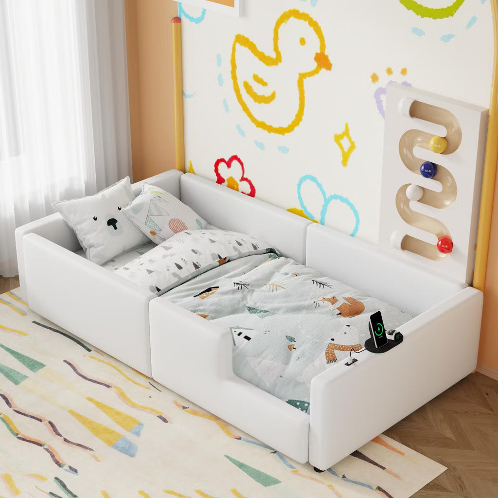 Little Blessings™ Chloe Montessori Twin Floor Bed – Upholstered Kids Bed Frame with Safety Rails & Charging Station White