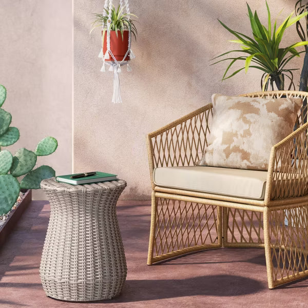 xBeStill Home™ All-Weather Wicker Round Rope Patio End Table Tan Outdoor Accent Table Threshold Style