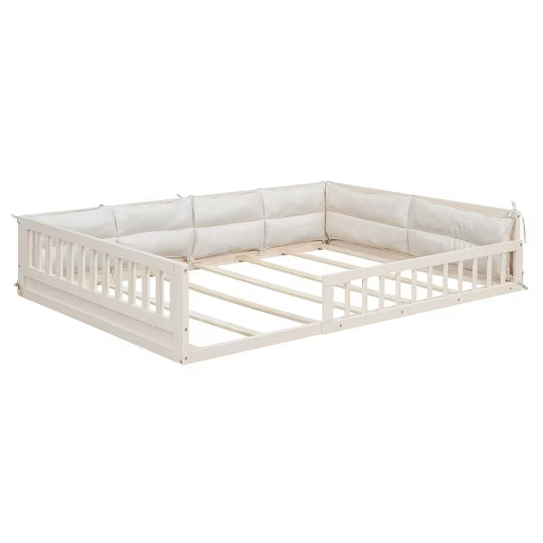 Little Blessings™ Full Size Upholstered Toddler Bed Frame – Cozy Kids Platform Bed with Guardrails &amp; Pillow Beige