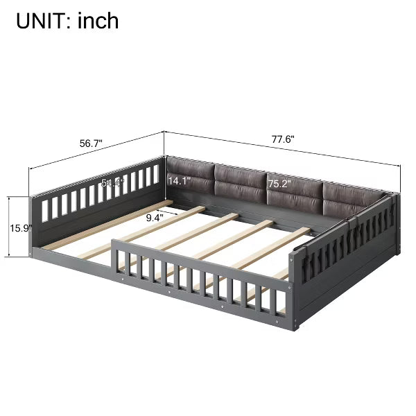 Little Blessings™ Full Size Upholstered Toddler Bed Frame – Cozy Kids Platform Bed with Guardrails &amp; Pillow Gray