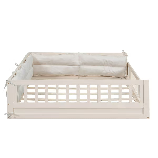 Little Blessings™ Full Size Upholstered Toddler Bed Frame – Cozy Kids Platform Bed with Guardrails &amp; Pillow Beige