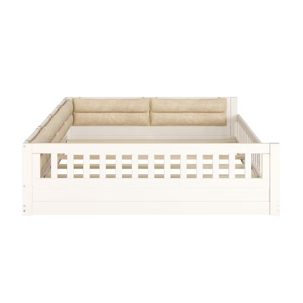 Little Blessings™ Full Size Upholstered Toddler Bed Frame – Cozy Kids Platform Bed with Guardrails &amp; Pillow Beige
