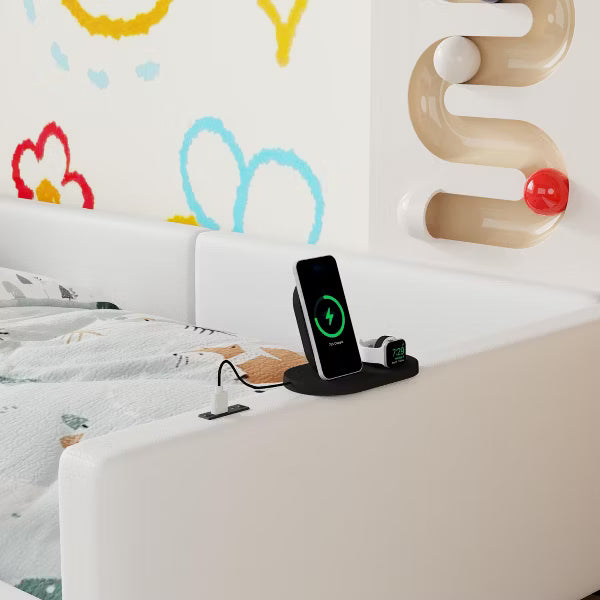 Little Blessings™ Chloe Montessori Twin Floor Bed – Upholstered Kids Bed Frame with Safety Rails & Charging Station White