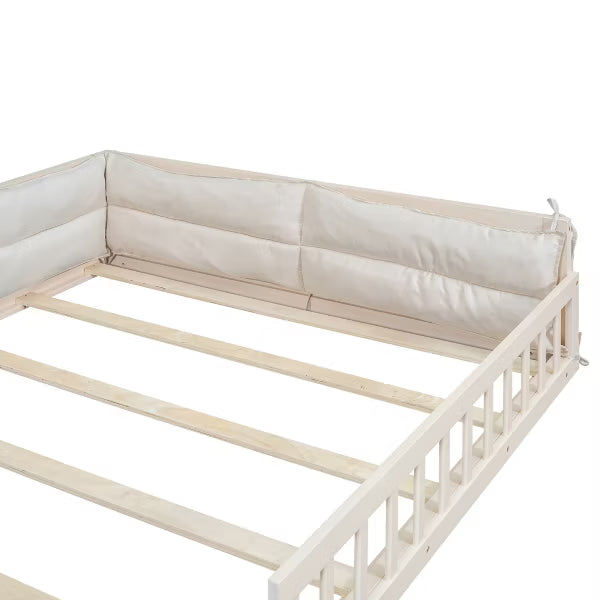 Little Blessings™ Full Size Upholstered Toddler Bed Frame – Cozy Kids Platform Bed with Guardrails &amp; Pillow Beige