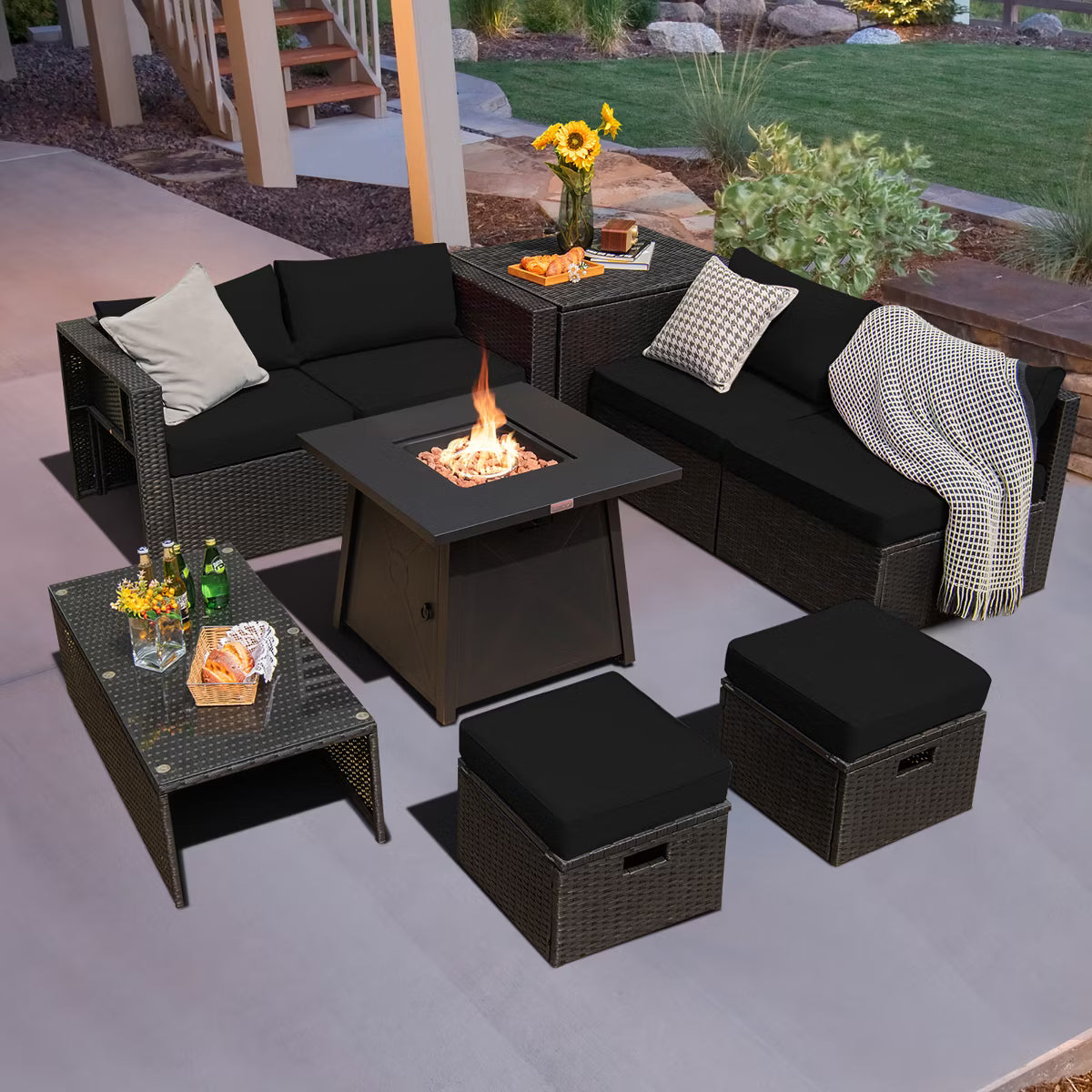 xBeStill Noir Retreat™ 9-Piece Fire Pit Lounge Set for Elevated Outdoor Living