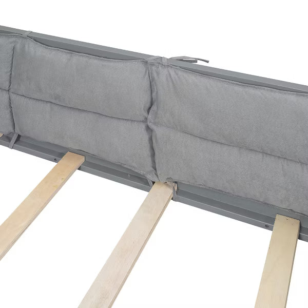Little Blessings™ Full Size Upholstered Toddler Bed Frame – Cozy Kids Platform Bed with Guardrails &amp; Pillow Gray