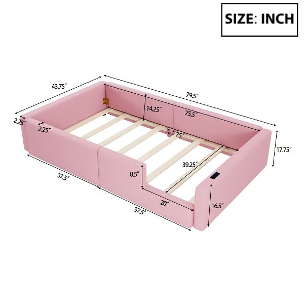 Little Blessings™ Chloe Montessori Twin Floor Bed – Upholstered Kids Bed Frame with Safety Rails & Charging Station Pink