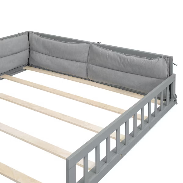 Little Blessings™ Full Size Upholstered Toddler Bed Frame – Cozy Kids Platform Bed with Guardrails &amp; Pillow Gray